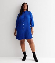 New Look Curves Bright Blue Plisse Mini Smock Shirt Dress